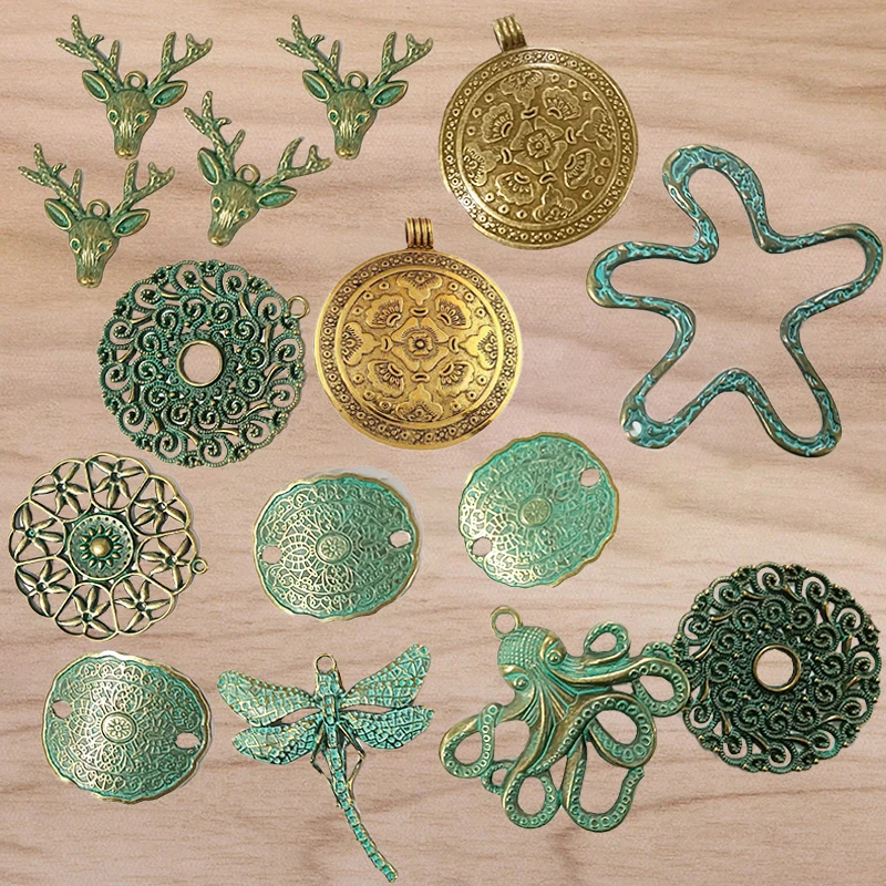 

5 Pieces Verdigris Patina Large Dragonfly/Octopus/Snowflake Vintage Pendants for DIY Necklace Jewelry Making Accessories
