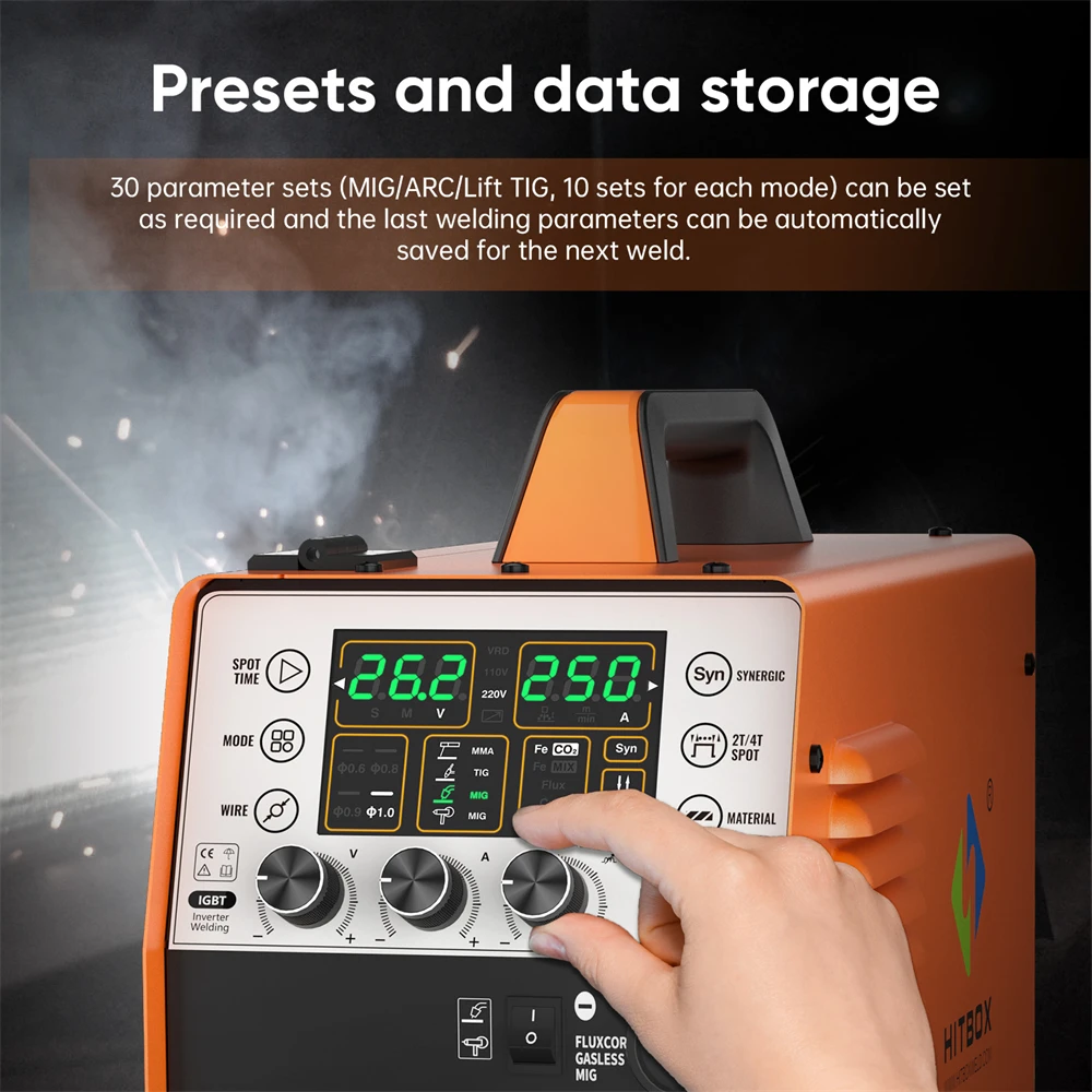 HITBOX MIG250 Aluminium-Puls-MIG-Schweißgerät 220V 250 Ampere 6-in-1 ARC MMA Stick Gas/Gaslos MIG Lift TIG Spool Gun IGBT Inverter-Schweißmaschine Großes intelligentes Digitaldisplay 2T/4T Spot Multi-Prozess-Synergisch-Schweißgerät – Detail 18