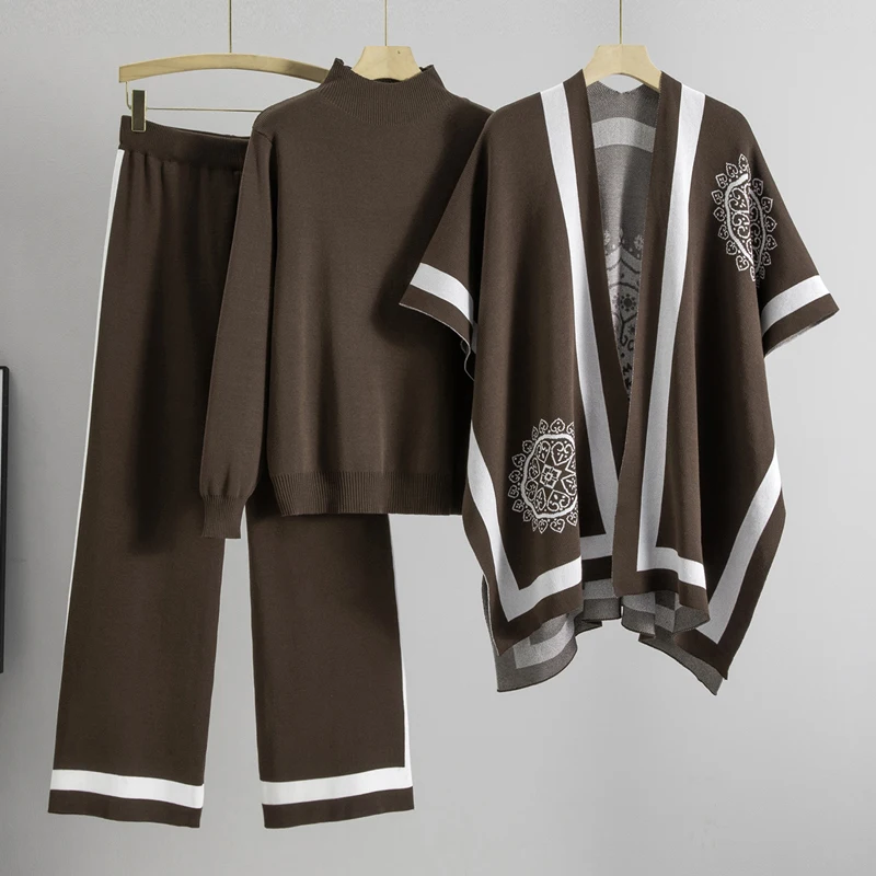 

2025 осень-зима, новый элегантный и стильный вязаный свитер с v-образным вырезом, женские широкие брюки, шарф, водолазка, комплект из 3 предметов