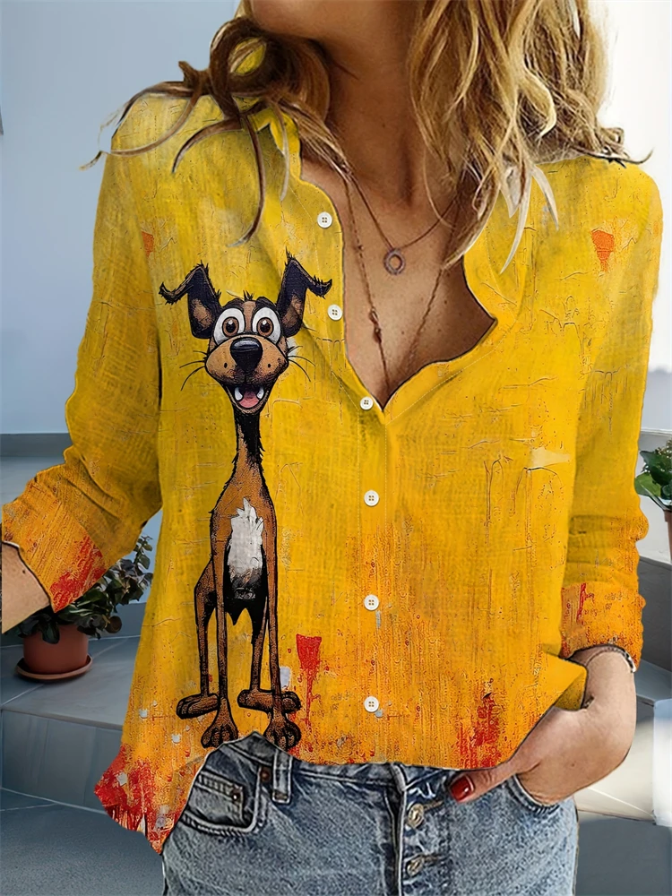 

Новая женская свободная повседневная рубашка с лацканами, милая рубашка с принтом собаки, повседневная стильная рубашка, женская элегантная одежда, домашняя рубашка с длинными рукавами