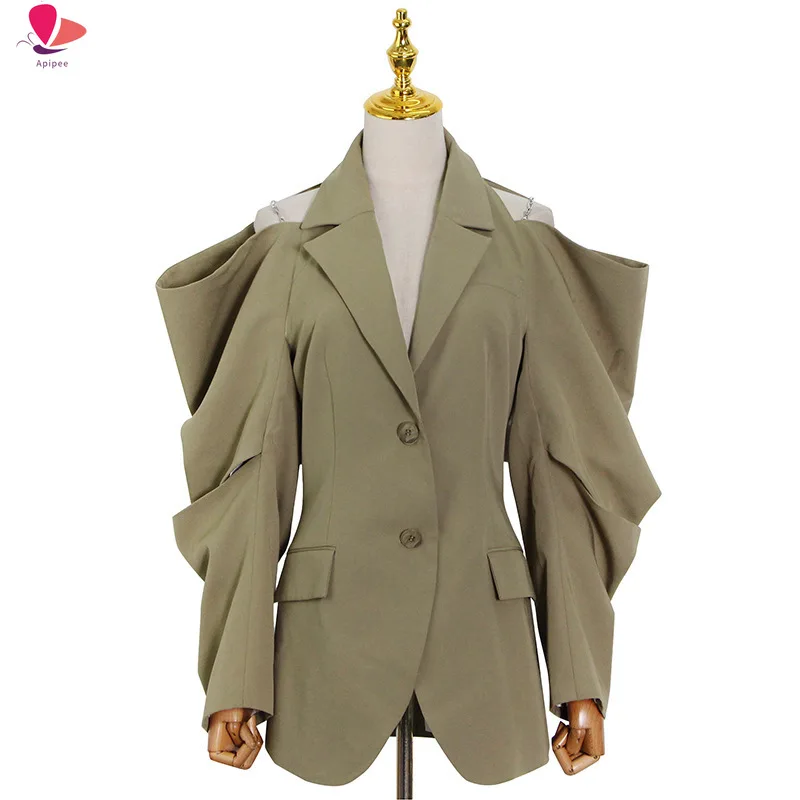 

APIPEE Solid Fold Pleated Women Coat Notched Long Sleeve Gathered Waist Cut Out Women's Blazer 2024 Fashion Clothing New