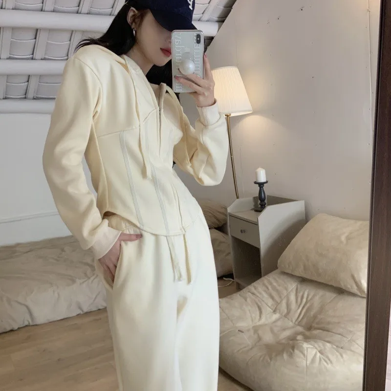 Beige Slim Sports Women Hoodie + Straight Pant Set 2024 Autumn Winter New Solid Color Zipper Sweatshirt Long Trouser Women Suit