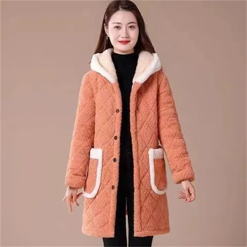 2023 Winter New Simple Commuting Loose Fit Home Fur Thickened Mid length Pajamas Fashion Mom's Hooded Work Cover