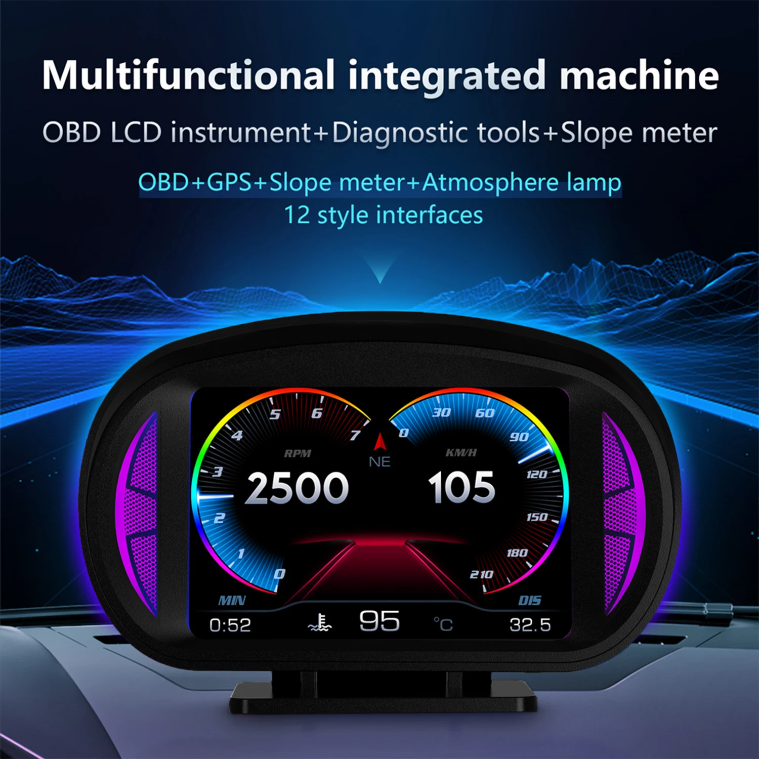 

P2 Автомобильный HUD Проекционный дисплей OBD GPS Многофункциональный ЖК-инструмент Окружающий свет Электронный измеритель наклона Сигнализация превышения скорости