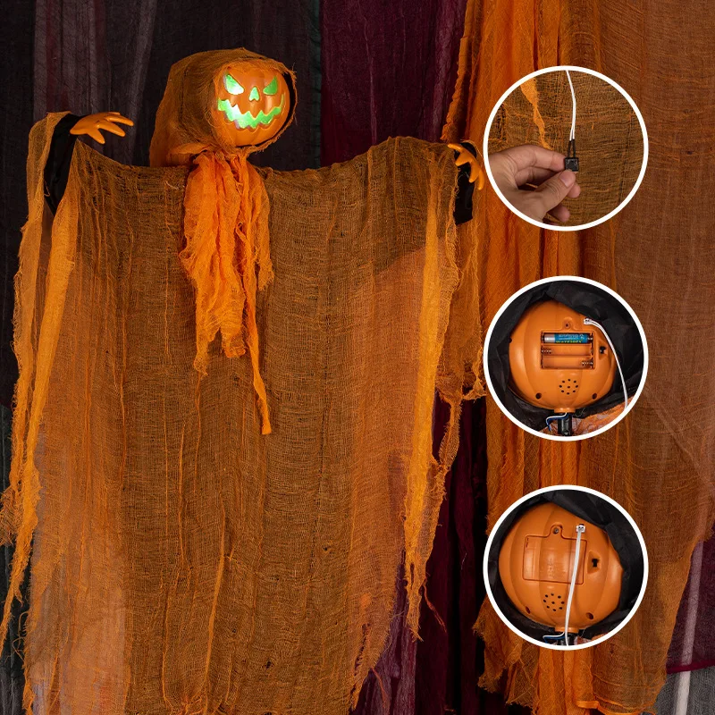 Halloween Pumpkin Party Decoration Hanging Head Green Light Turn Head Pumpkin Luminous Sound Pendant Props