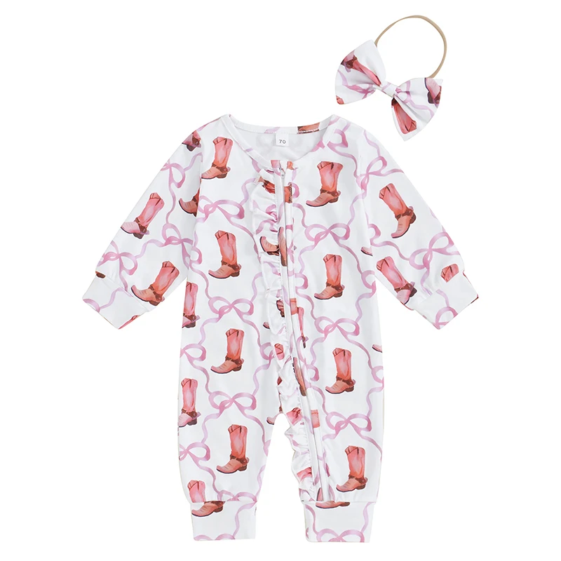 Baby Girl Fall Jumpsuit Ruffled Zip Up Boots Print Long Sleeve Round Neck Romper Adorable Bow Headband