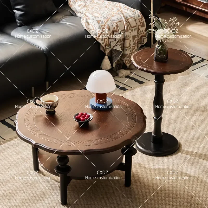 Medieval Solid Wood Coffee Table Retro Round Side Table for Living Room Small Apartment Sofa End Table 2026 New Home