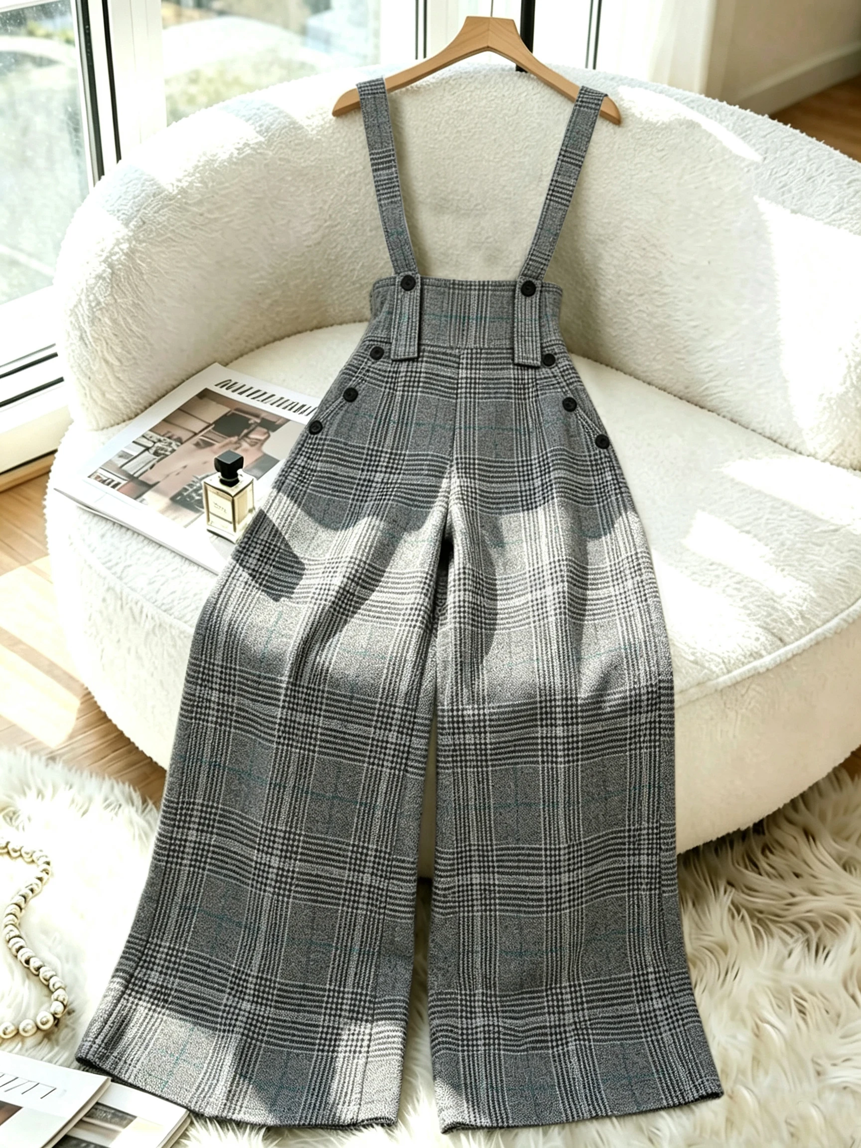 Elegant Lady Plaid High Waist Buckle Pocket Bib Overalls Women's Fashion Classic Checkered Wide Leg Trousers
