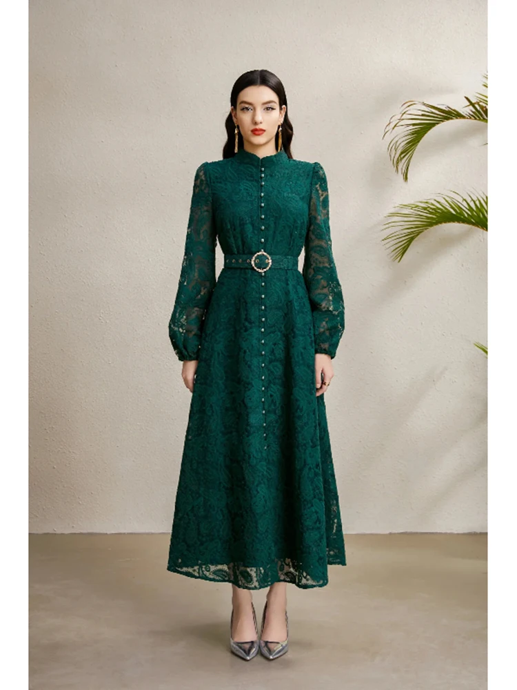 Spring Autumn High End Elegant Birthday Party Women's Dress New French Hook Flower Single Breasted Slim Lace Long Dress S89