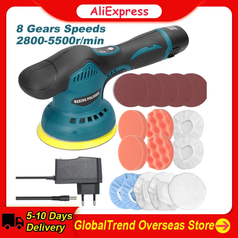 125mm Cordless Eccentric Car Polisher 8 Gears Speeds Electric Auto Polishing Machine Metal Waxing Wood Grinding Removal Machine