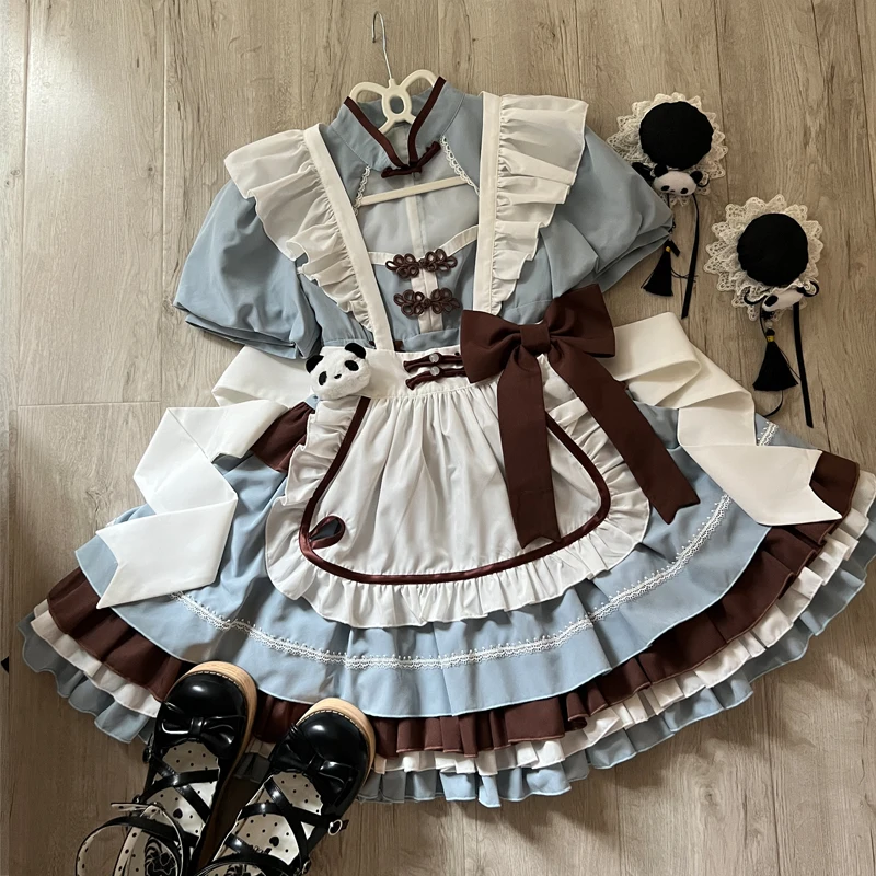 Lolita Maid Dress 2024 New Summer Chinese Style Women Cute Girls Short Sleeve Buckle Op Dress with Apron Leg Warmer Outfits