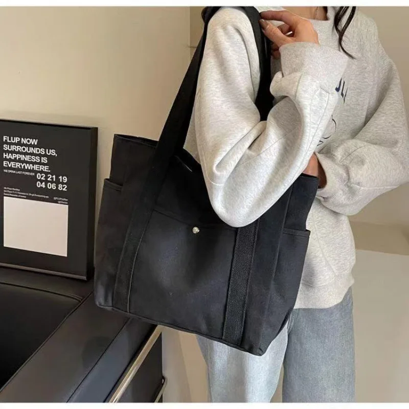 New Canvas Women's Bag Large Capacity Multiple Outer Pocket Zipper Shoulder Bag Student Handbag Shopping Bag Student Bag