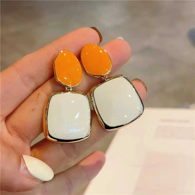 Orange Square Drop Earrings - Contrast Glaze Korean Style Jewelry