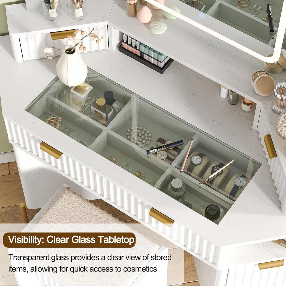 Scrivania da toeletta moderna da 48 pollici con triplo specchio e luci HD, grande tavolo da toeletta ad angolo con piano in vetro, stazione di ricarica, 1 multifunzione