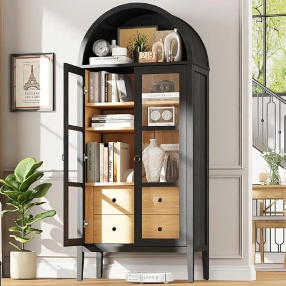 

71" Tall Arched Storage Cabinet with Glass Doors & Drawers, Modern Wood Bookshelf with Adjustable Shelves, Elegant Display Cabi