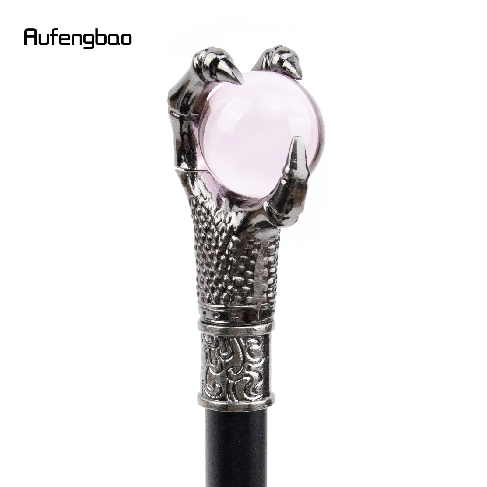 Dragon Claw Grasp Pink Glass Ball Single Joint Silver Walking Stick with Hidden Plate Self Defense Cane Cosplay Crosier 93cm