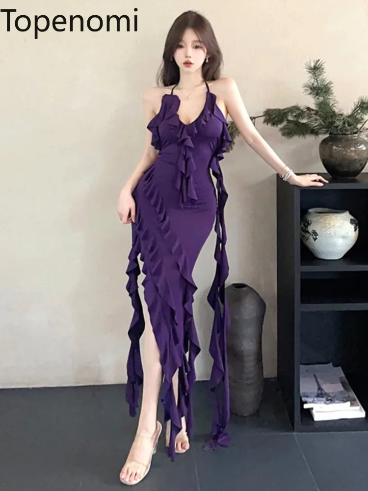 

Topenomi Fashion Party Dress Halter Ruffles Spicy Girl High Waist Split Irregular Ribbon Evening Gown Sexy Backless Prom Dresses