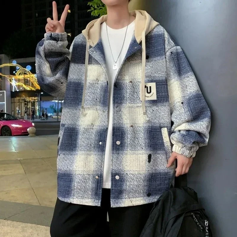 

​Men's Hong Kong Style Trendy Baseball Jacket Thickened Flannel Checkered Hooded Coat with Contrast Colors Winter Outerwear​