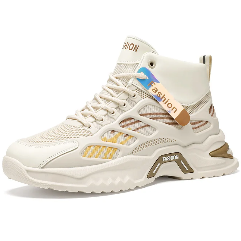 Tênis de cano alto de malha respirável masculino 2025 nova queda sola grossa pai sapatos plataforma sapatos esportivos casuais para homem