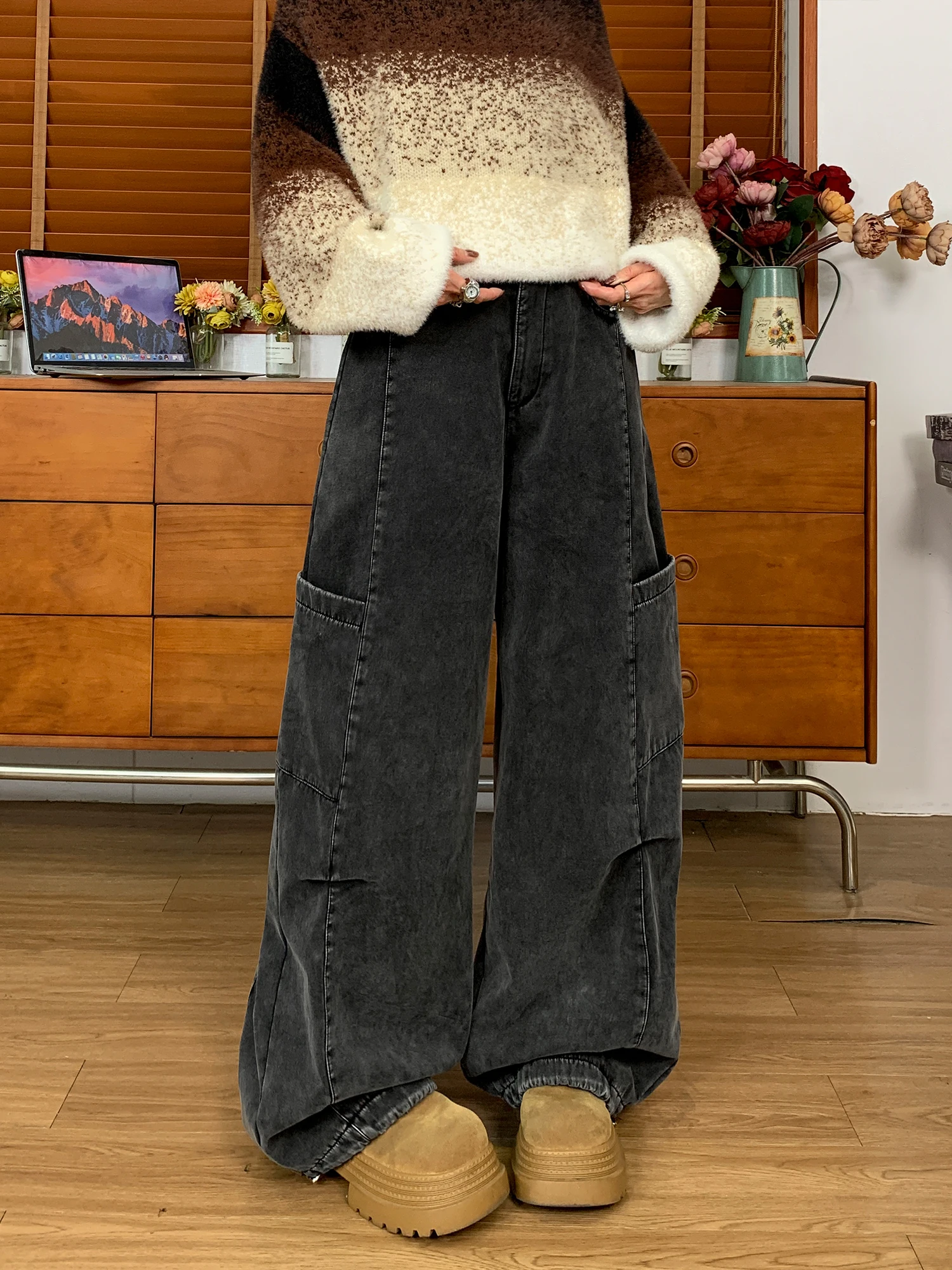 

Cool Vintage American Girl Straight Leg Thiened Waed Fce Casual Loose Long Work Pants Cotton Color Winter Jeans