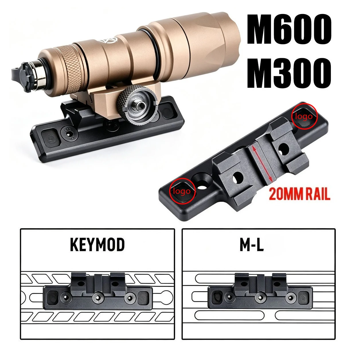 SF M600 M300 Tactical Scout Light Offset Mount Plate For M-system/KEYMOD 20mm Rail Hunting CNC Metal Flashlight Mount Base