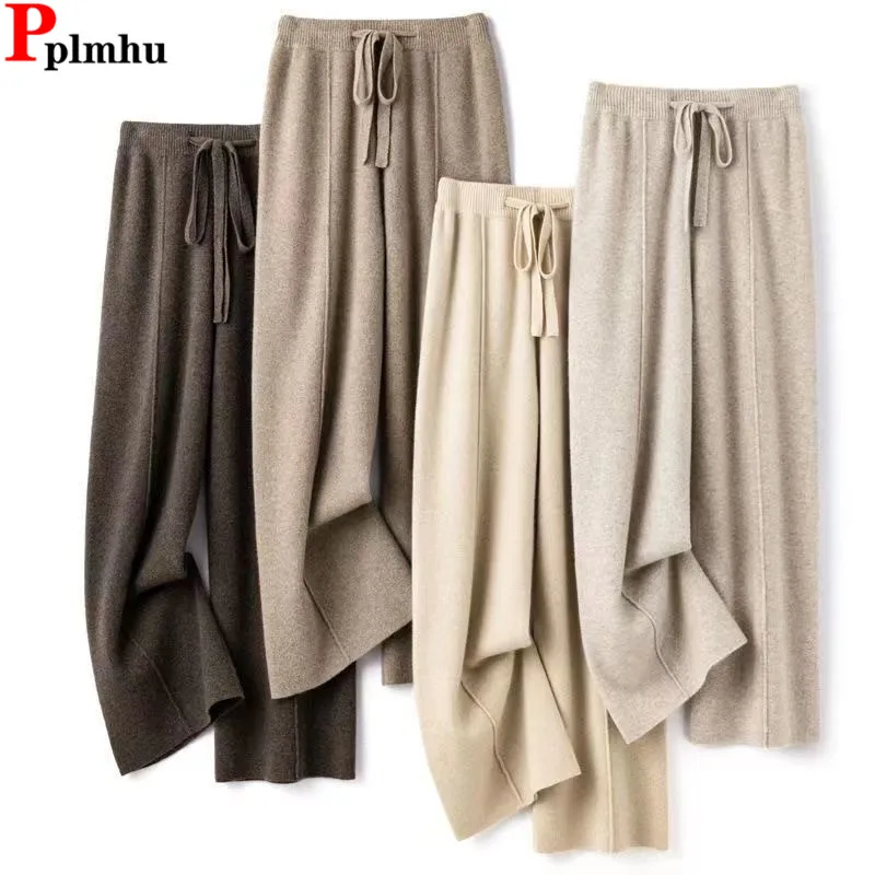 Winter Woolen Lace-up High Wiast Wide Leg Pants Snow Wear Warm Elegant Pantalones Loose Classic Spodnie Korea Basic Women Broek