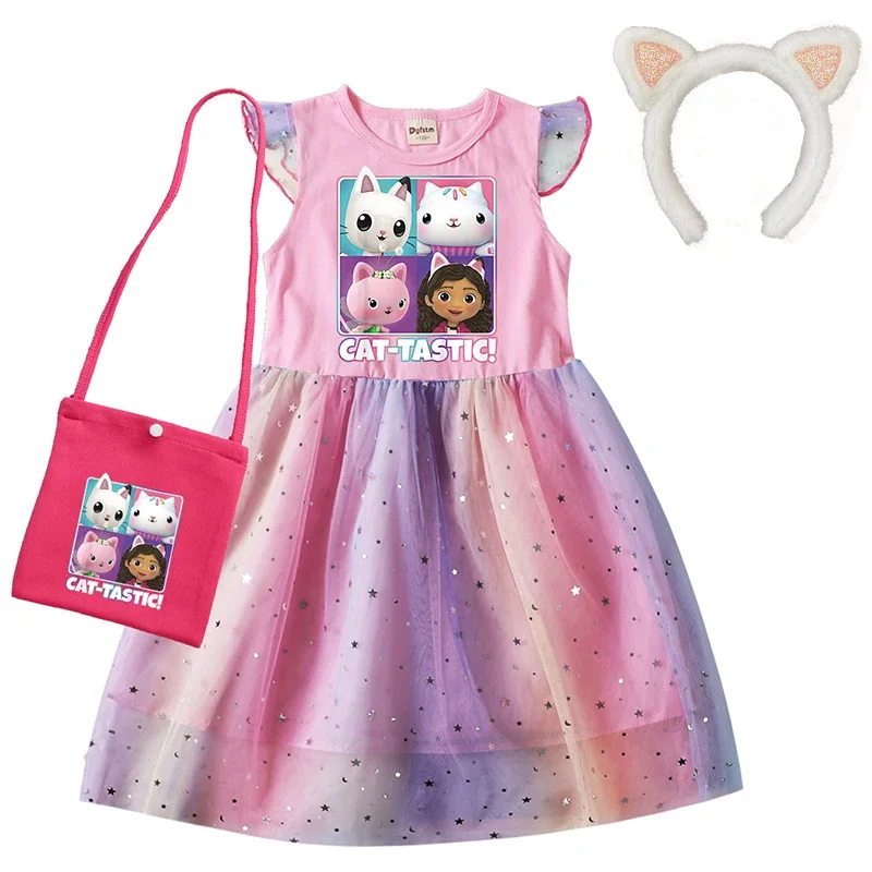 Gabby Cats-vestido de casa de muñecas para niñas, bata de princesa para Cosplay, vestidos de fiesta de cumpleaños para niños pequeños con bolsa, sombreros de verano