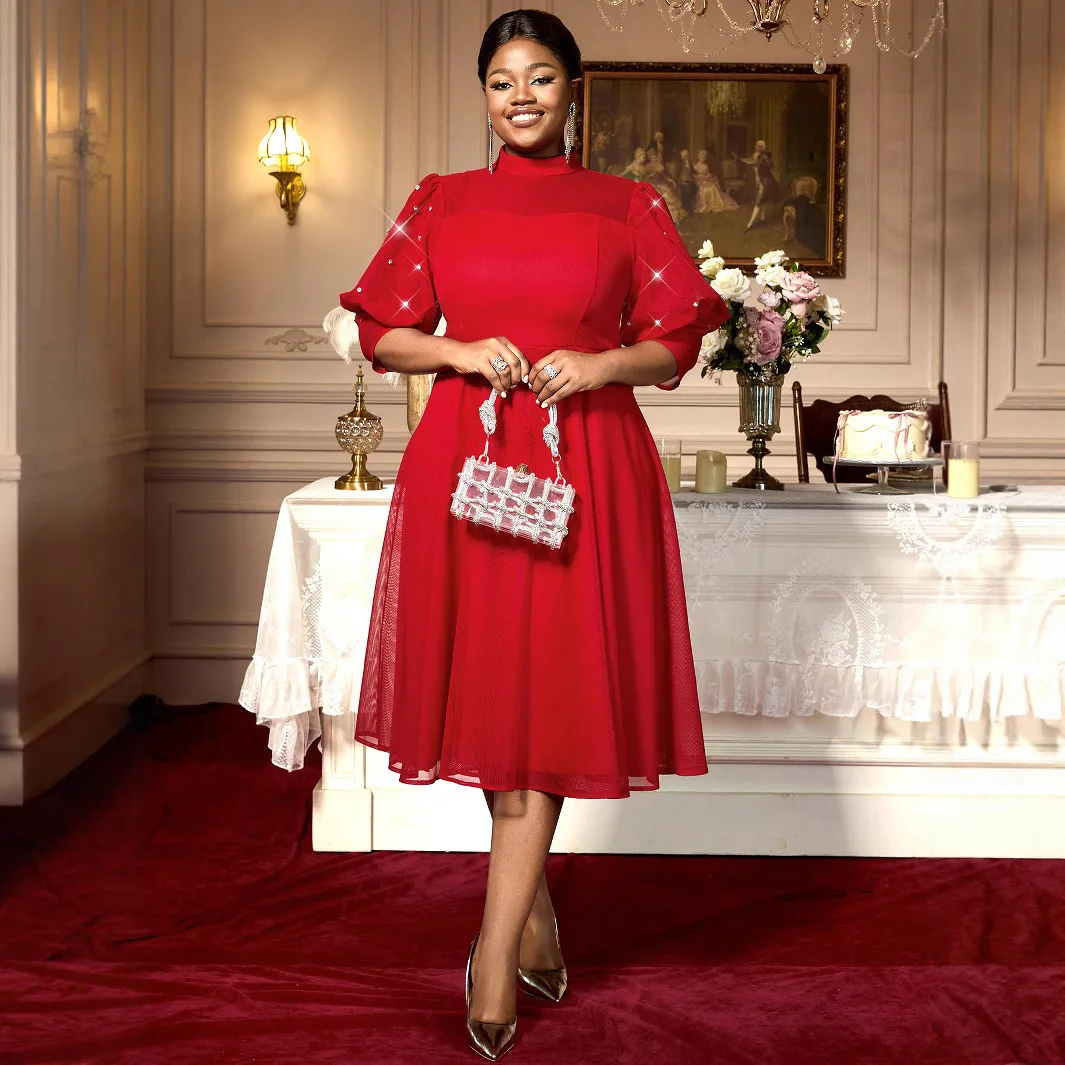

Plus Size Vintage Evening Dress Semi-transparent Lantern Sleeves with Rhinestones Half High Neck A-line Elegant Dress Tops