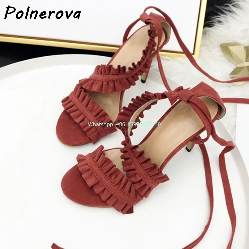 Wrinkled Edge Solid Ankle Band Sandals Round Toe Thin Heels Lace Up Ladies Shoes Straight Strap Pleated Street Photo Shoes