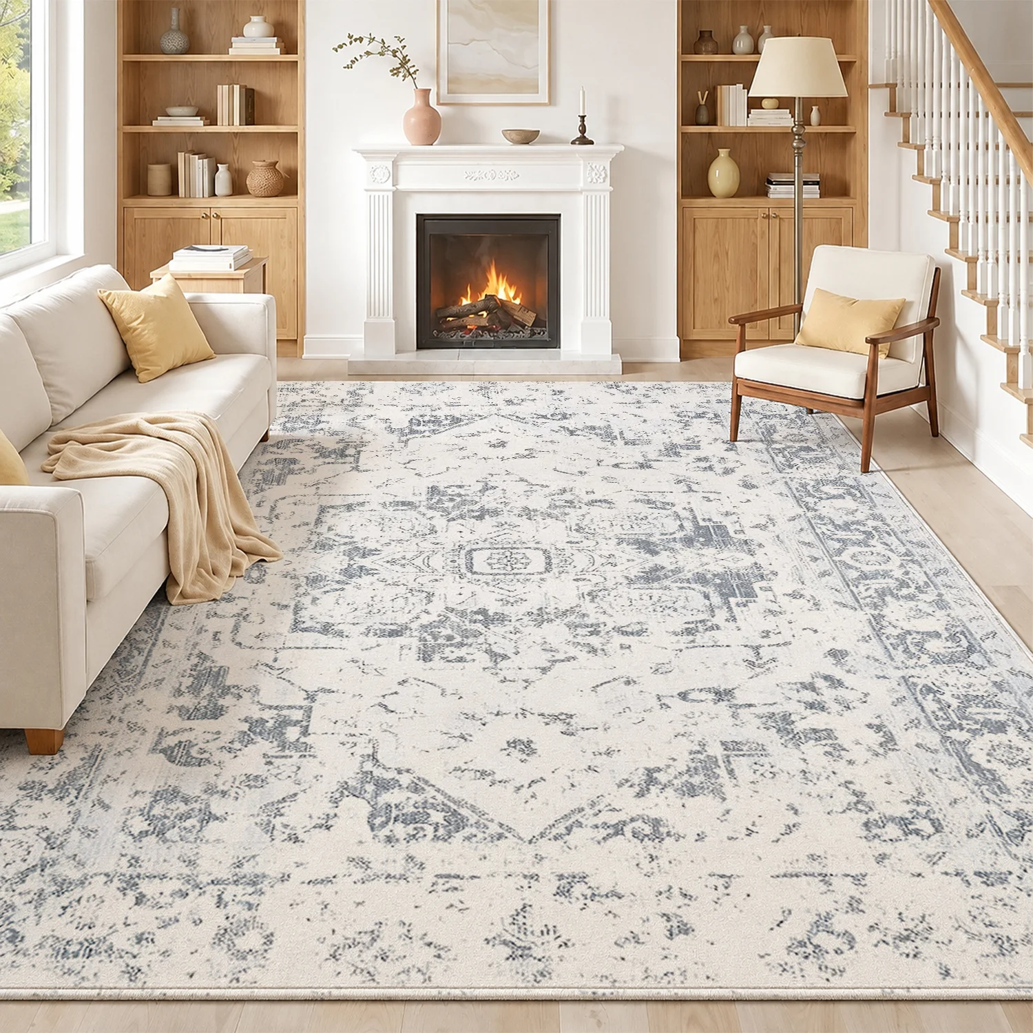 Large Indoor Area Rug Soft Velvet Low Pile Non-slip Dotted Backing Machine Washable Distressed Vintage Oriental Medallion Floor Carpet for Living Room Bedroom Light Gray Neutral Home Decor Rug
