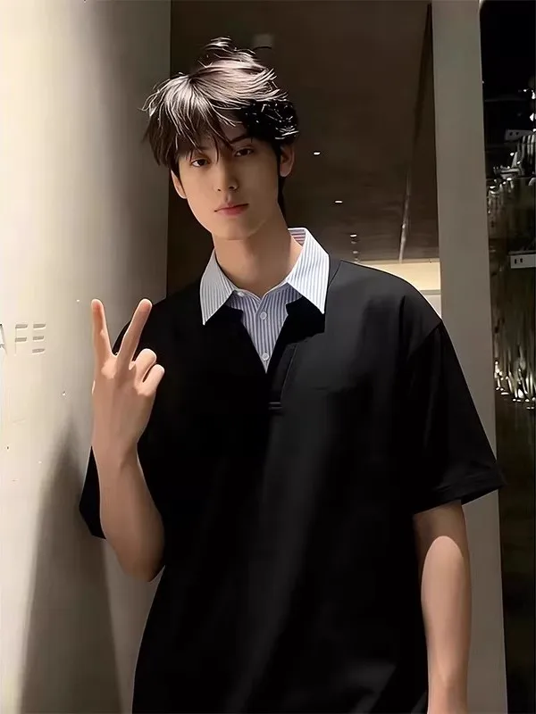 

Мужской летний комплект из двух предметов: модная футболка с отложным воротником и коротким рукавом в стиле Bla College