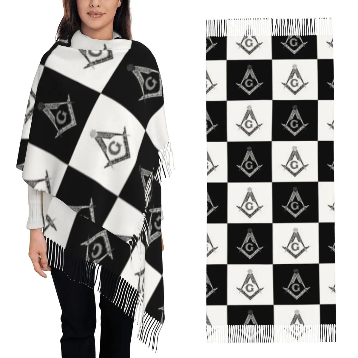 Freemason Checkered Pattern Scarf Tassel Scarves for Women Soft Warm Shawls and Wraps Long Fall Winter Shawl Wrap
