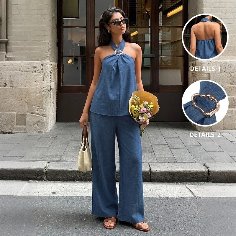 Women's Textured Halter Neck Two-Piece Set with Buckle Decoration, Sleeveless Top, Loose Wide-Leg Pants, Vacation Outfit