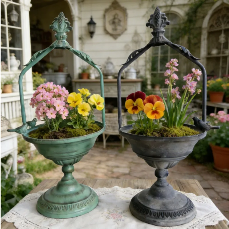French Retro Antique Iron Spear Hand-held Trophy Flowerpot Courtyard Groceries Green Plants Potted Plant Planters Flower Vessel