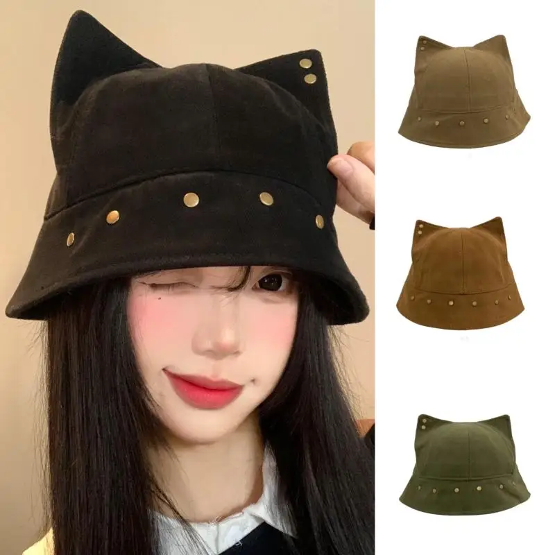 

(JYA2)Cute Three-dimensional Cat Ears Rivets Personalized Bucket Hat Spring Autumn Versatile Trend Sunshade Basin Cap For Women