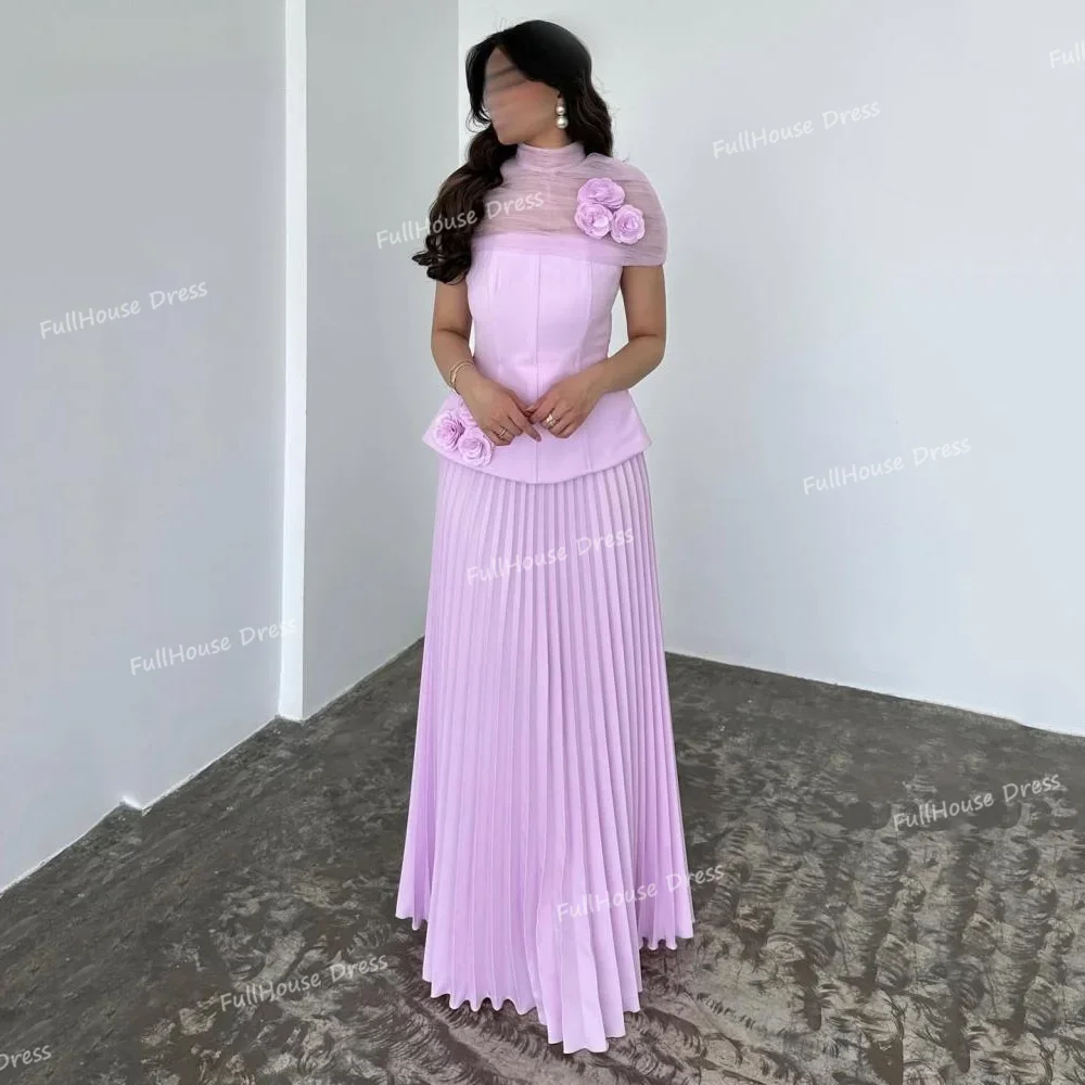 

Custom Made Graceful Sleeveless Pleated A-line Saudi Arab Gown Backless Draped Floor Length Evening Dress with Flowers