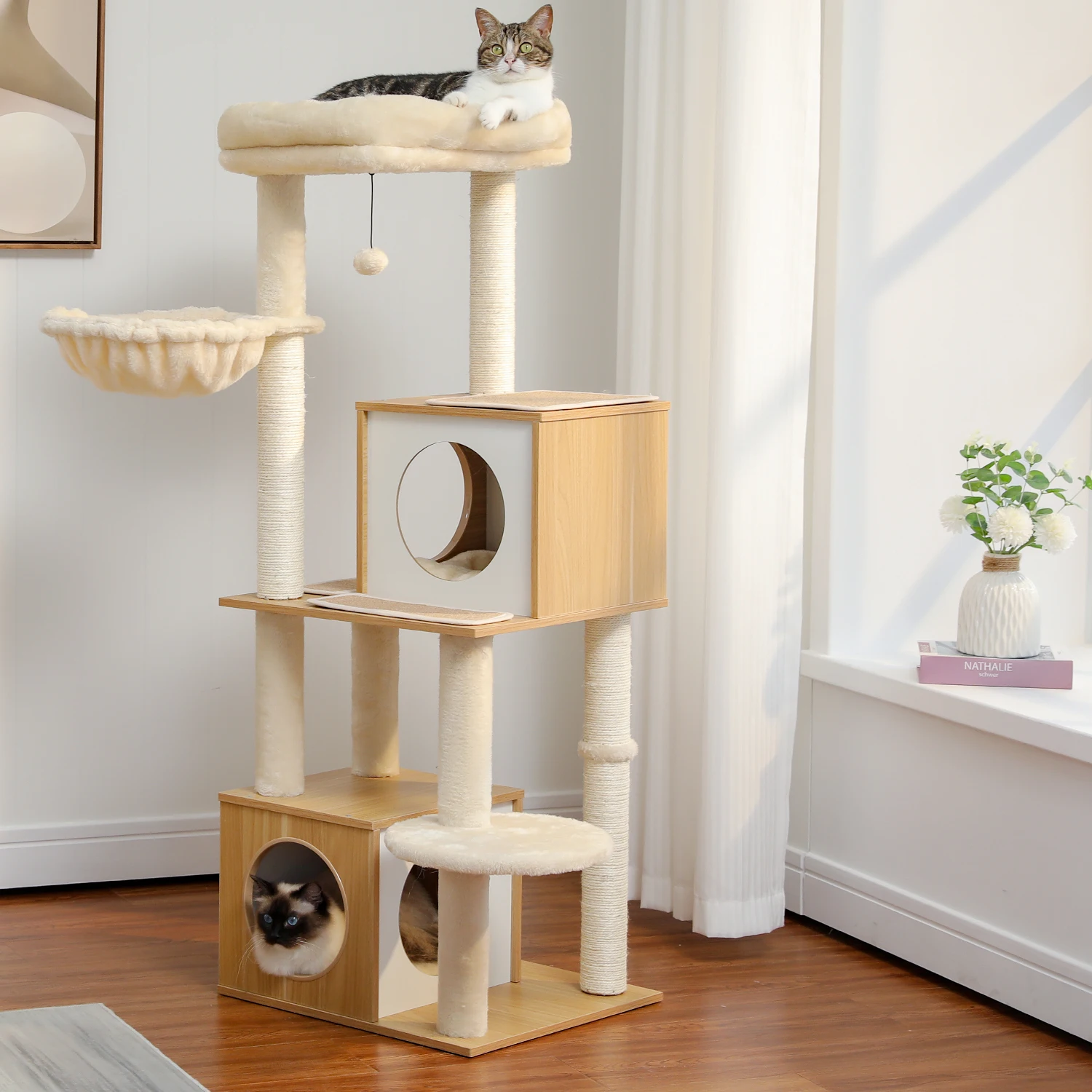 130CM Large Cat Tree Wooden Tower Indoor with Double Condos Spacious Perch Soft Hammock and Totally Wrapped Sisal Post Play Ball