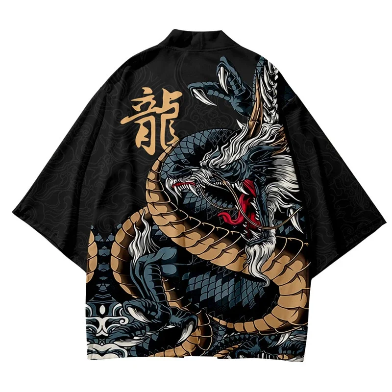 Japanese Traditional Kimono Samurai Yukata Male Female Streetwear Haori Cosplay Manga Dragon Print Vintage Cardigan Tops