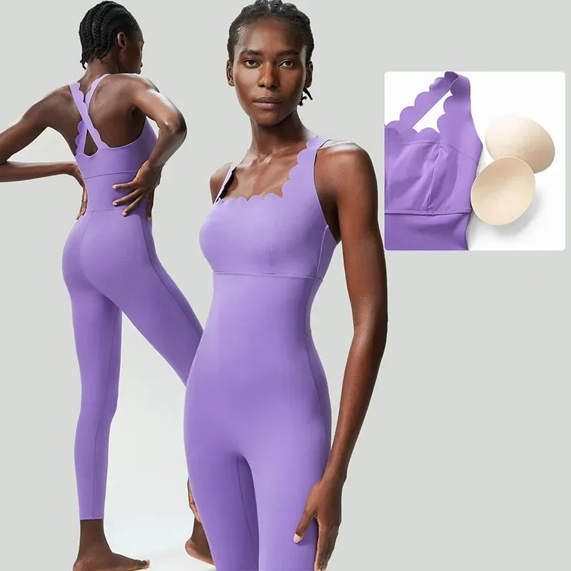 New Small Wave Back Yoga Fitness Jumpsuit For Women, Tight Fitting Running Vest Style Jumpsuit