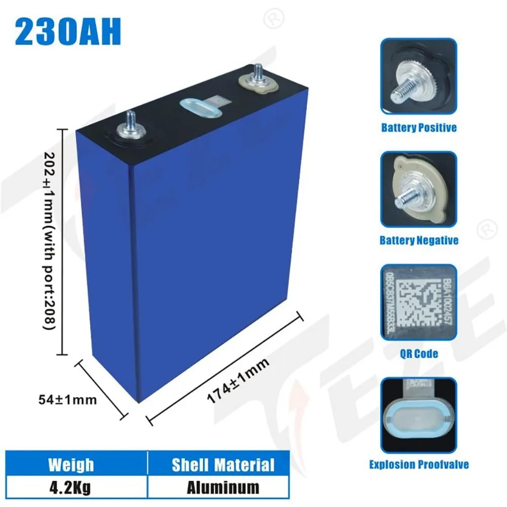 3.2V 230Ah LiFePO4 Cells Lithium Battery Iron Phosphate Deep Cycle Battery, Power Supply for RV, Boat, Golf Cart, Motor, UPS