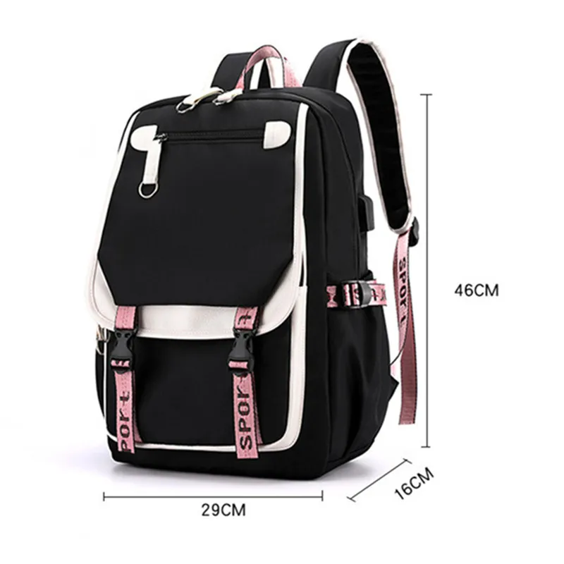 Mochila escolar grande para adolescentes, morral escolar de lona con puerto USB, a la moda, color negro y rosa