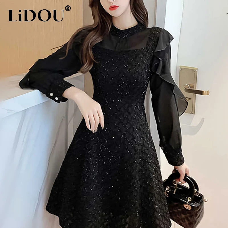 Autumn Winter Stand Collar Ruffles Mesh Patchwork Mini Dress Women Long Sleeve Elegant Fashion Bright Silk A-line Dresses Robe F