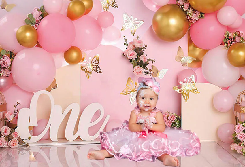 Mehofond Photography Background Pink Balloons Garden Floral Butterfly Girls Birthday Party Portrait Decor Backdrop Photo Studio