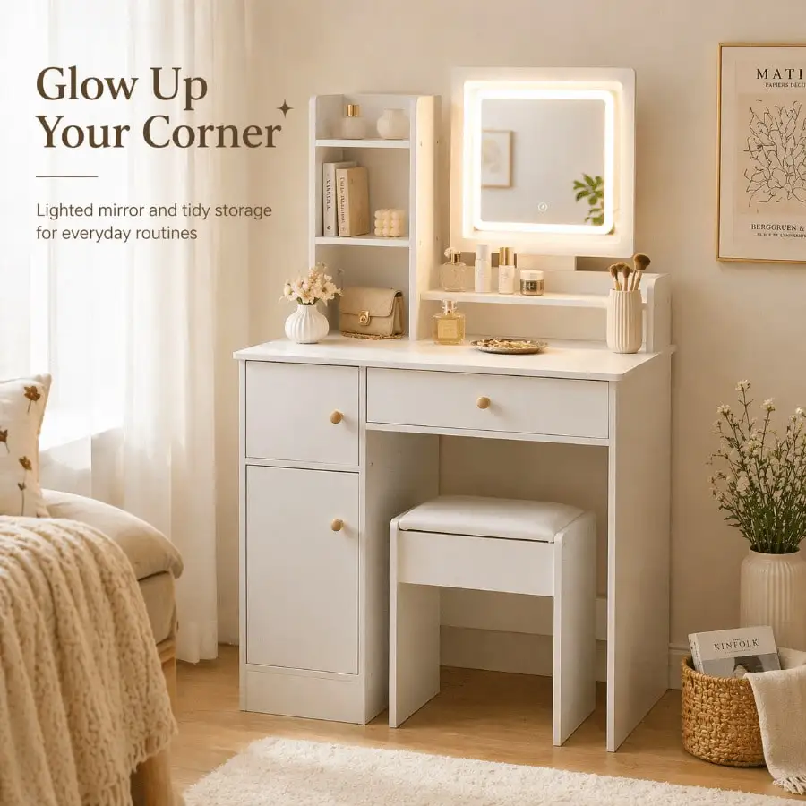 

White Vanity Desk with LED Square Mirror, Makeup Table with Storage Shelves, Drawer and Stool for Small Bedroom