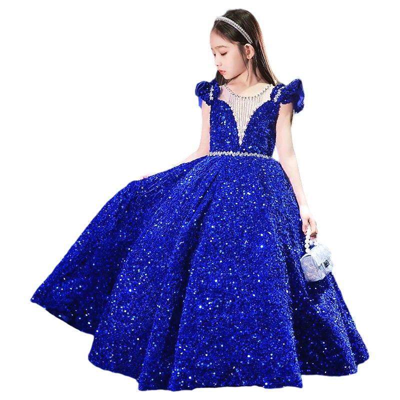 Vestido de baile de princesa con lentejuelas para niños, vestido de fiesta de boda azul real, disfraz de actuación de desfile de Carnaval, cumpleaños