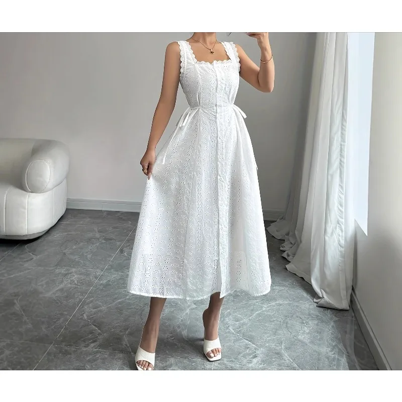 

Elegant French Hollow Suspender Skirt Waist Strap Square Neck Dress