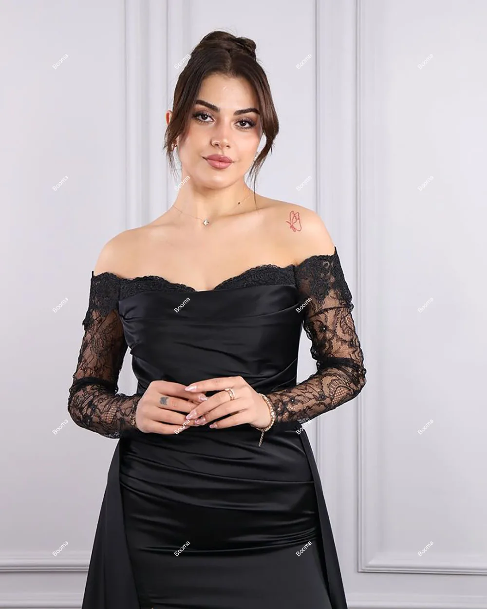 Booma Black Elegant Mermaid Evening Dresses Off Shoulder Lace Sleeves Formal Occasion Gowns for Women Leg Slit Long Prom Dress