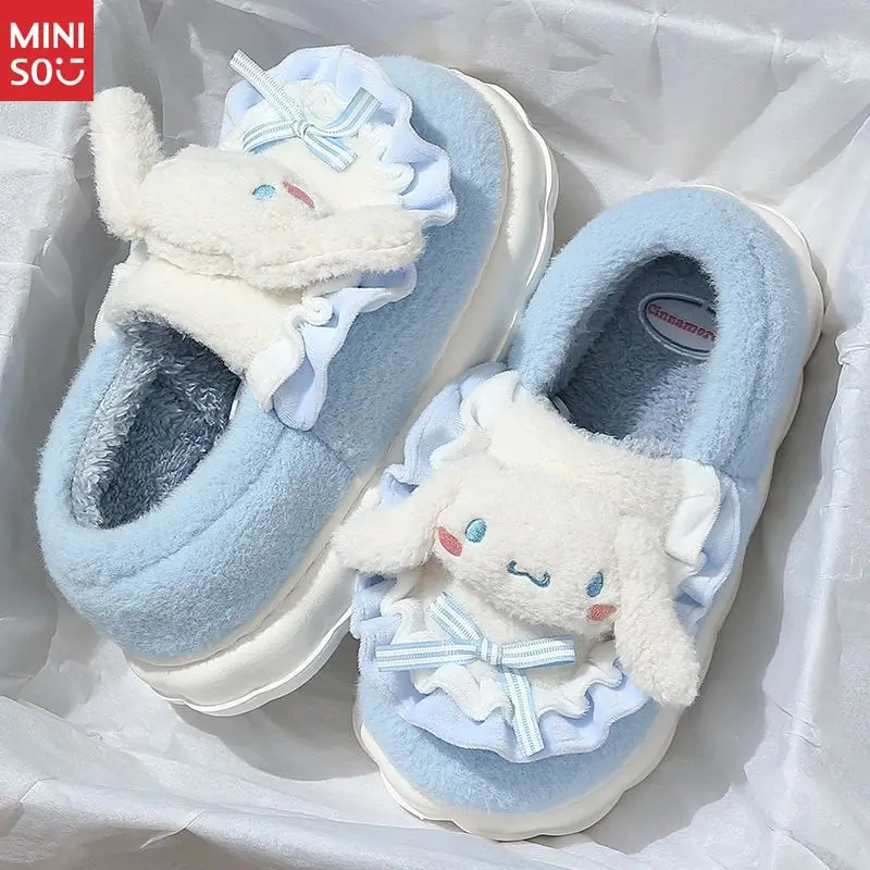 Miniso لطيف الكرتون أفخم النعال النساء شتاء جديد، سحابة دافئة الراحة المنزل داخلي الصوف أحذية المنزل