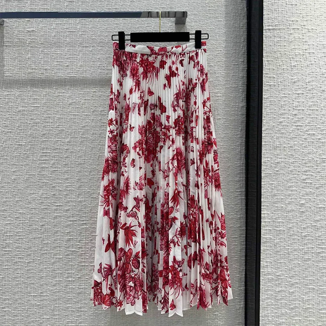 

2024 New Fashion Red Floral Butterfly Print Pattern Long Skirts Womens High Waist Big Bottom Sweet Pleated Skirt