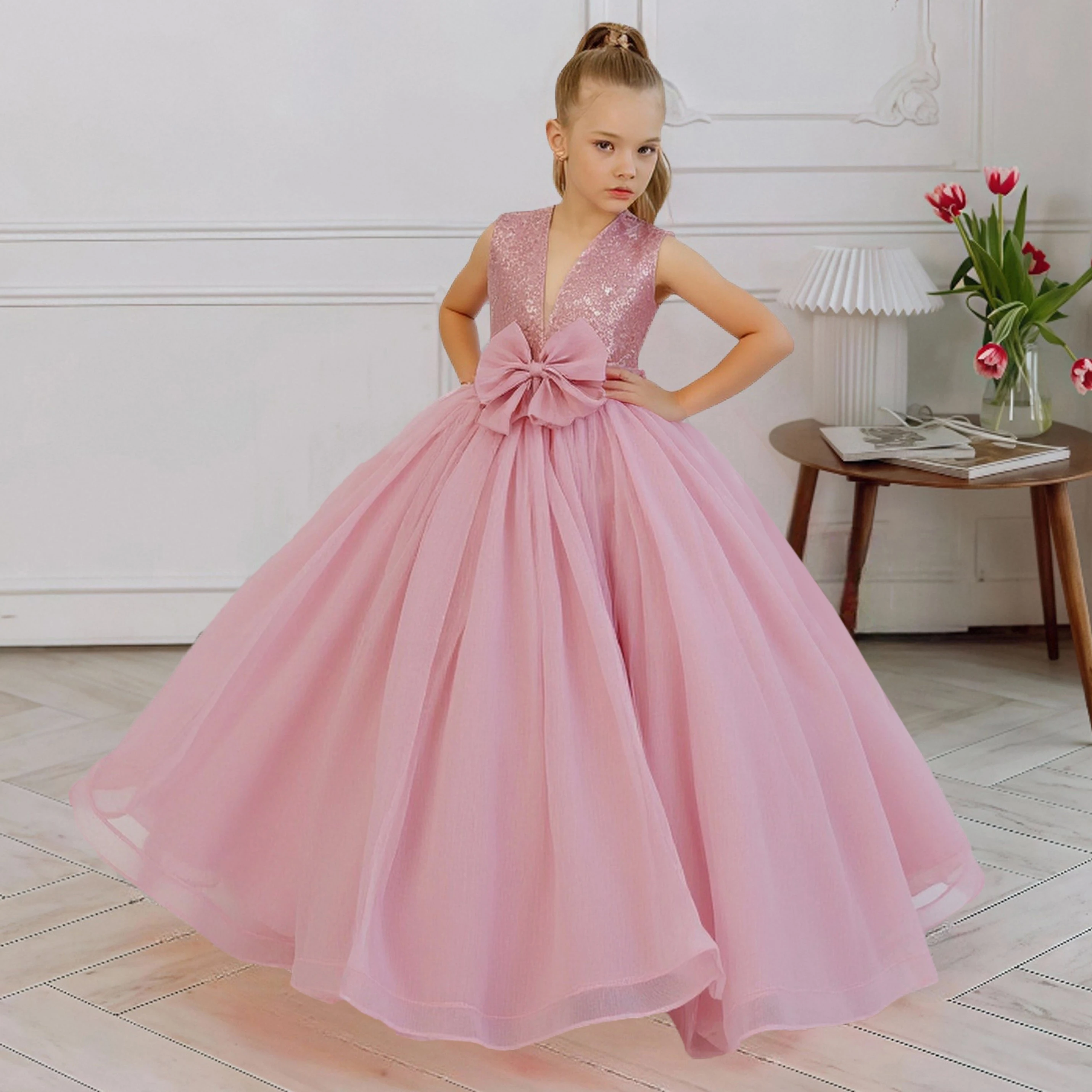 

Elegant Bow Sequin Bridesmaid Girls Dress Vintage Wedding Baptism Princess Party Prom Dress for Girl Tulle Birthday Evening Gown